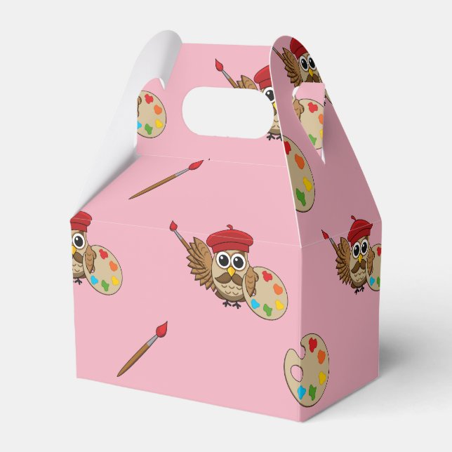 Cute Painter Owl Cartoon Favour Box (Front Side)