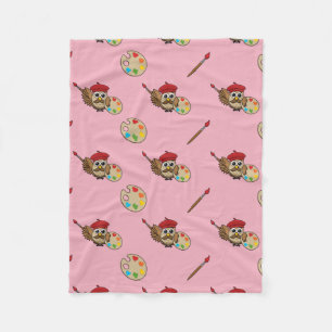 Cute Painter Owl Cartoon Fleece Blanket