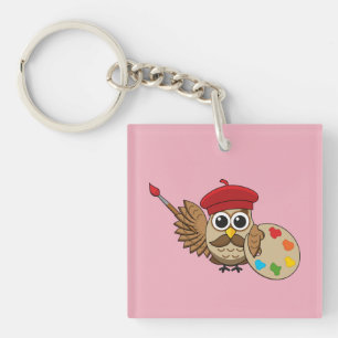 Cute Painter Owl Cartoon Key Ring