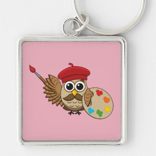 Cute Painter Owl Cartoon Key Ring