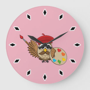 Cute Painter Owl Cartoon Large Clock