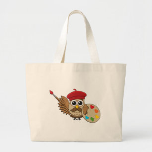 Cute Painter Owl Cartoon Large Tote Bag