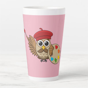 Cute Painter Owl Cartoon Latte Mug