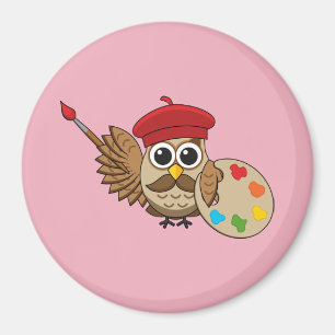 Cute Painter Owl Cartoon Magnet