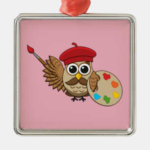 Cute Painter Owl Cartoon Metal Ornament