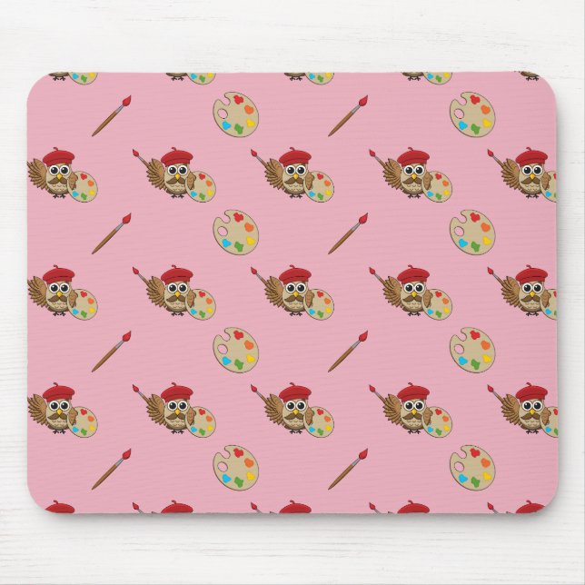 Cute Painter Owl Cartoon Mouse Pad (Front)