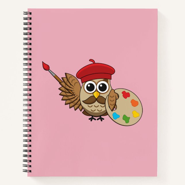 Cute Painter Owl Cartoon Notebook (Front)