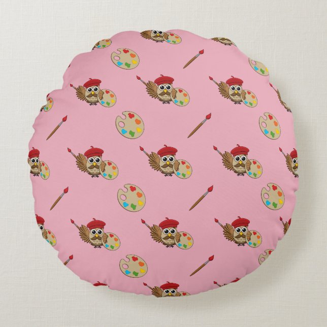 Cute Painter Owl Cartoon Round Cushion (Front)