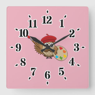 Cute Painter Owl Cartoon Square Wall Clock