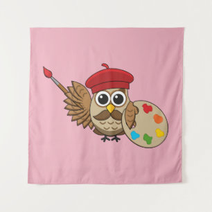 Cute Painter Owl Cartoon Tapestry