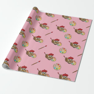 Cute Painter Owl Cartoon Wrapping Paper