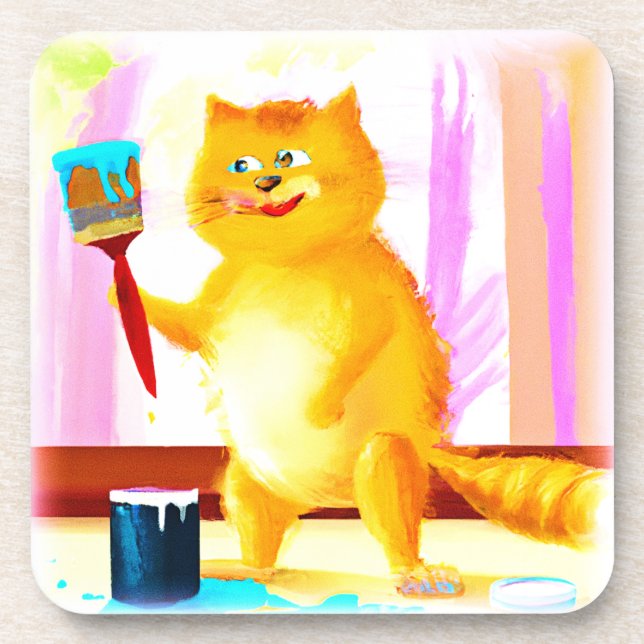 Cute Painting Of A Cat Holding A Brush. Buy Now Coaster (Front)