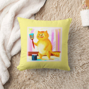 Cute Painting Of A Cat Holding A Brush. Buy Now Cushion