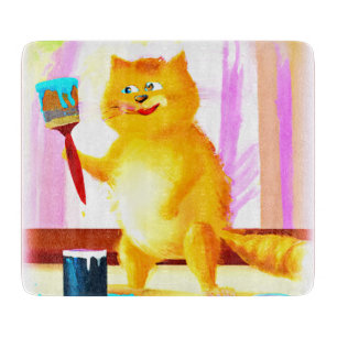 Cute Painting Of A Cat Holding A Brush. Buy Now Cutting Board