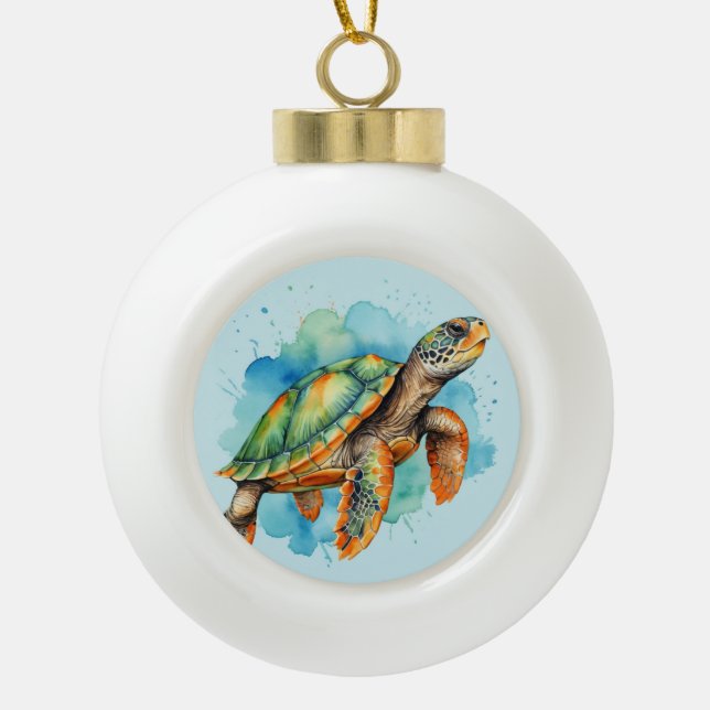 Cute Painting Turtle Ceramic Ball Christmas Ornament (Front)