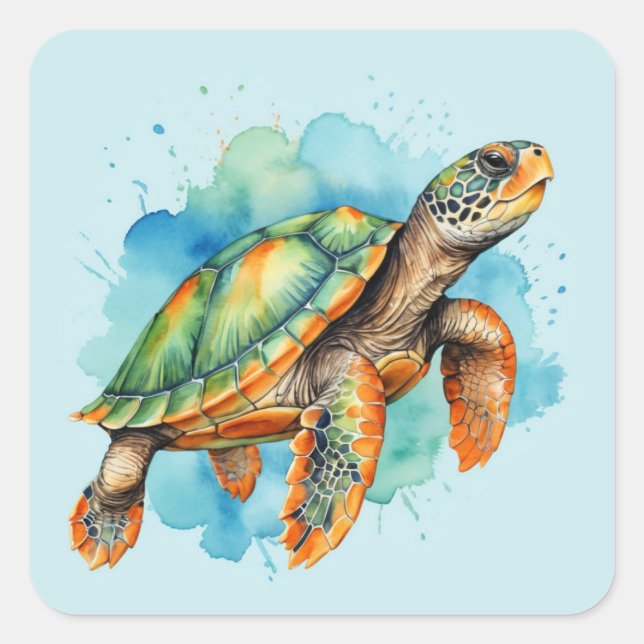 Cute Painting Turtle Square Sticker (Front)