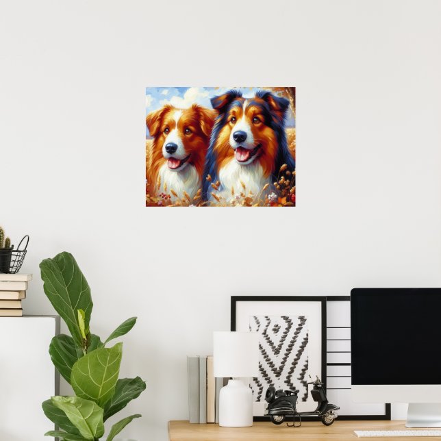 Cute pair of golden retriever dog art decor poster (Home Office)