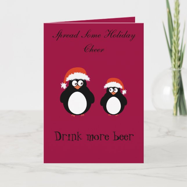 Cute pair of penguins red hat cheer holiday card (Front)