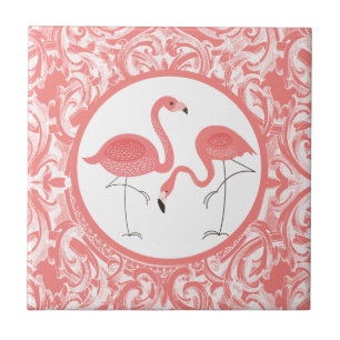 Cute Pair Of Pink Flamingos With Swirls Ceramic Tile