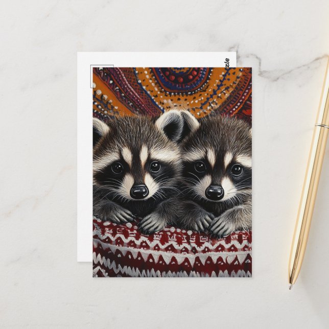 Cute Pair of Racoon Babies in red blanket Postcard (Front/Back In Situ)