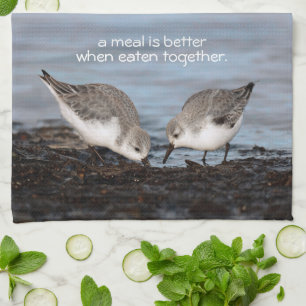 Cute Pair of Sanderlings Sandpipers Shares a Meal Tea Towel