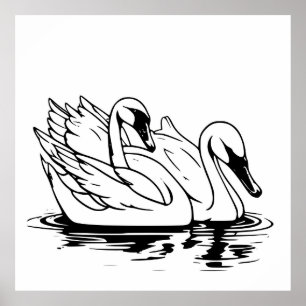 Cute Pair Of White Swan Line Art  Poster