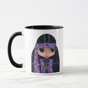 Cute Paisley Hippie Doll Girl in Purple Peace Sign Mug