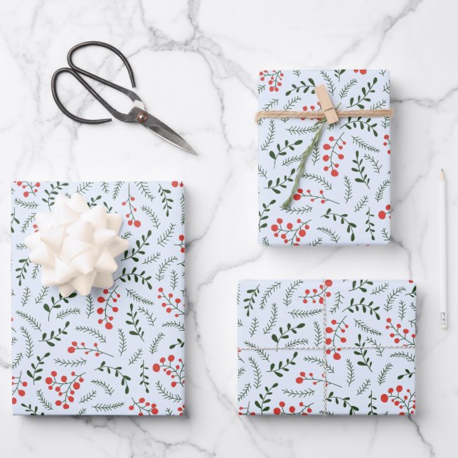 Cute pale blue foliage greenery leaves pattern wrapping paper sheet (Front)