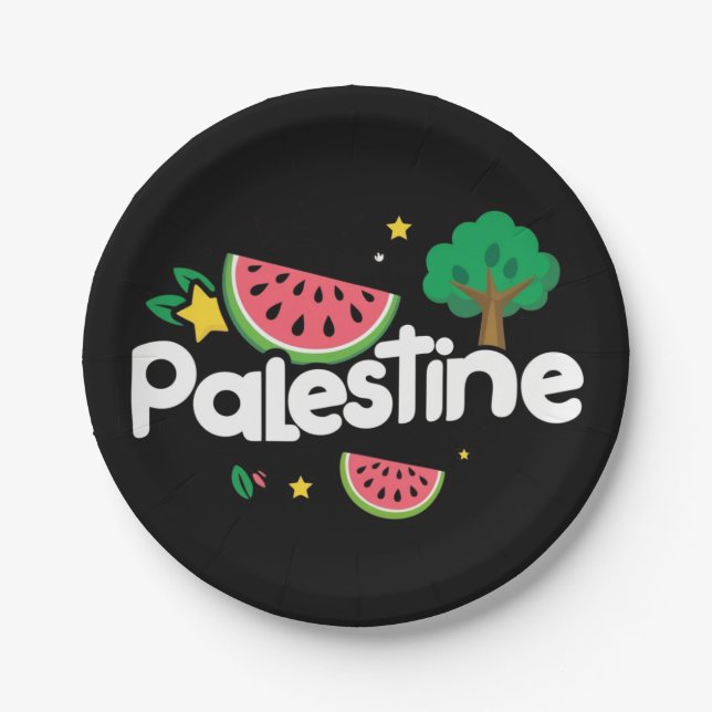 Cute Palestine word surrounded by watermelons tree Paper Plate (Front)