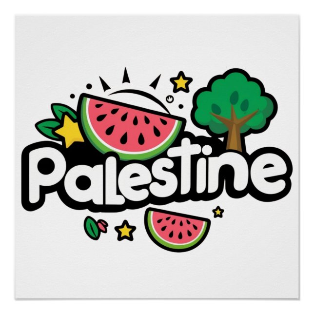Cute Palestine word surrounded by watermelons tree Poster (Front)