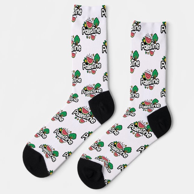 Cute Palestine word surrounded by watermelons tree Socks (Left)