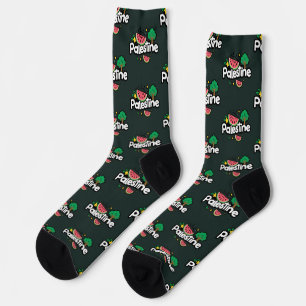 Cute Palestine word surrounded by watermelons tree Socks