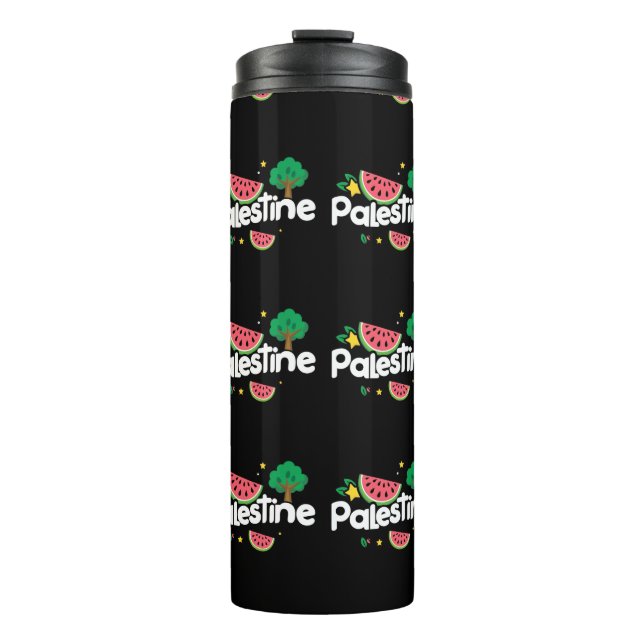 Cute Palestine word surrounded by watermelons tree Thermal Tumbler (Front)