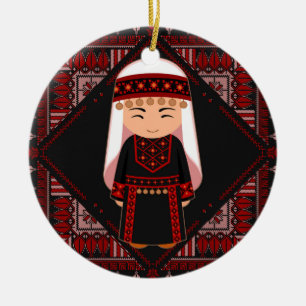cute Palestinian girl Embroidery red tatreez Ceramic Ornament