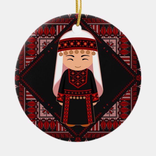 cute Palestinian girl Embroidery red tatreez   Ceramic Ornament (Front)