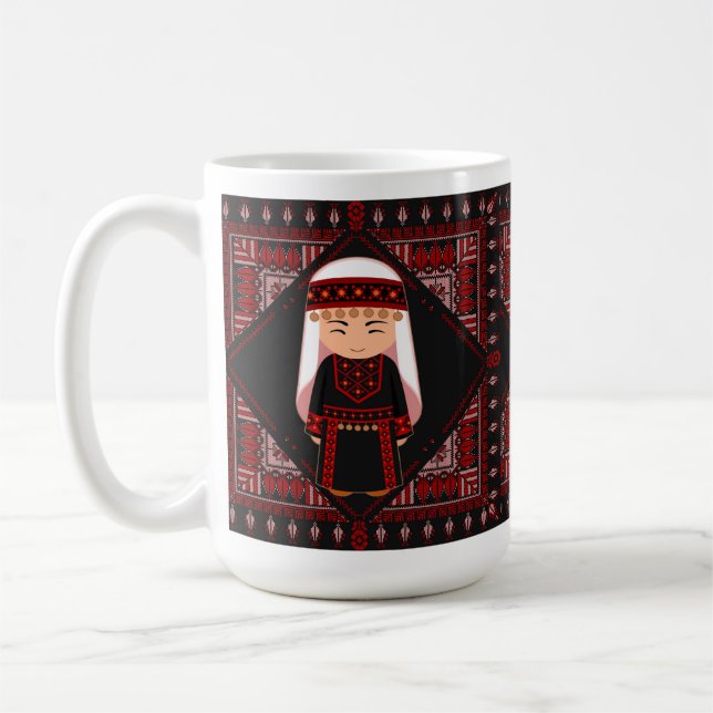 cute Palestinian girl Embroidery red tatreez   Coffee Mug (Left)
