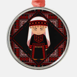 cute Palestinian girl Embroidery red tatreez   Metal Ornament