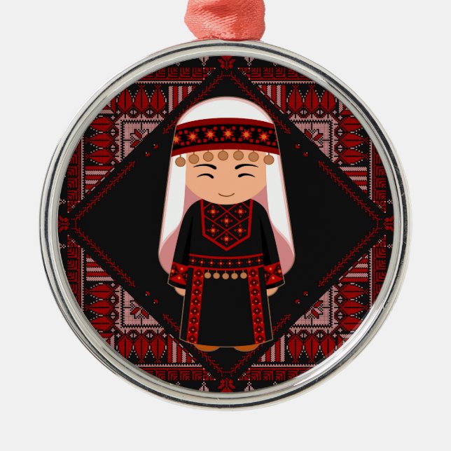 cute Palestinian girl Embroidery red tatreez   Metal Ornament (Front)