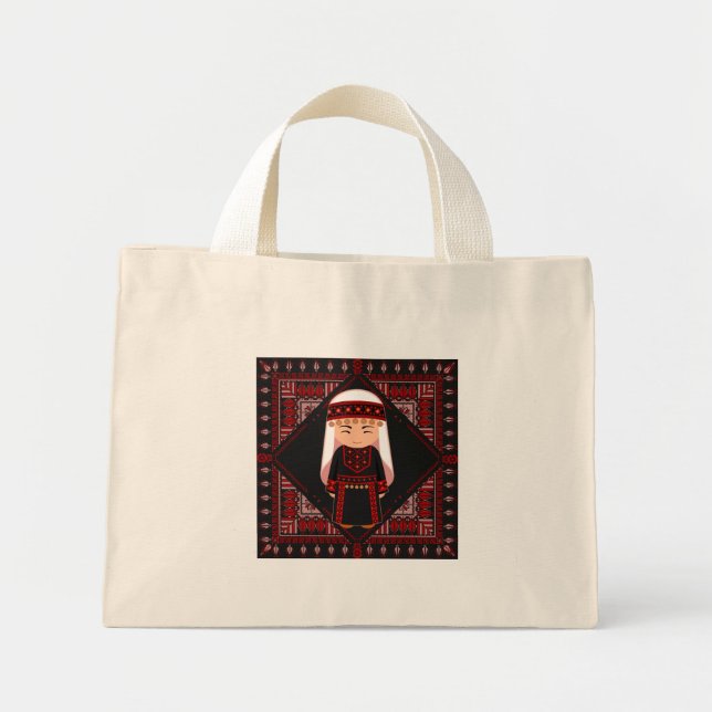 cute Palestinian girl Embroidery red tatreez   Mini Tote Bag (Front)