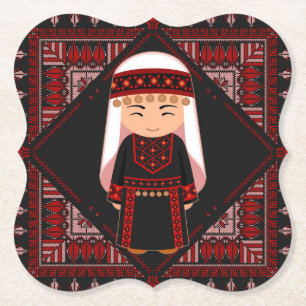 cute Palestinian girl Embroidery red tatreez   Paper Coaster