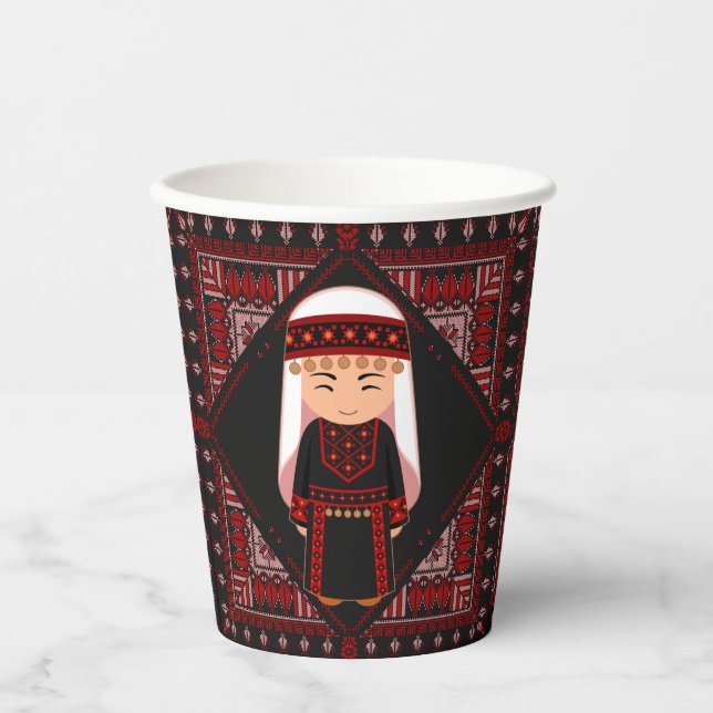 cute Palestinian girl Embroidery red tatreez   Paper Cups (Front)