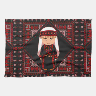 cute Palestinian girl Embroidery red tatreez Tea Towel