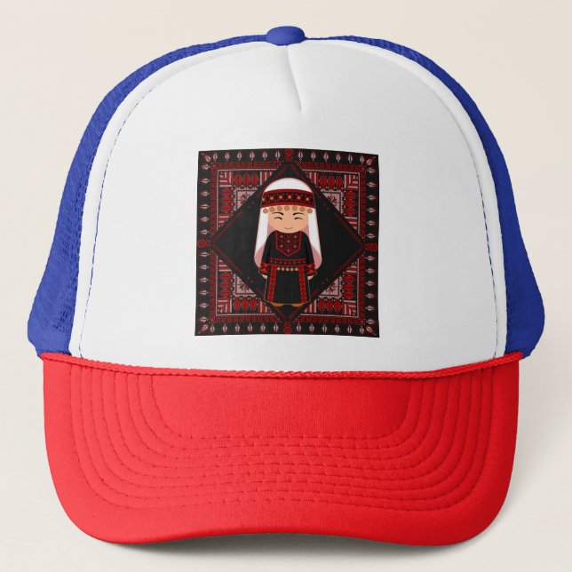 cute Palestinian girl Embroidery red tatreez   Trucker Hat (Front)