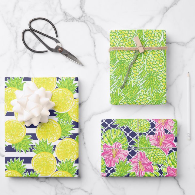 Cute Palm Beach Pineapples and Lemons Wrapping Paper Sheet (Front)