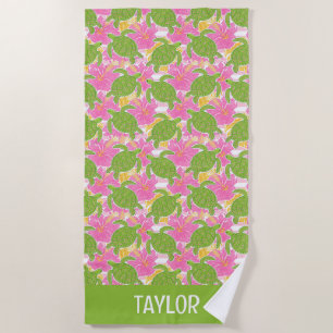Cute Palm Beach Pink Flowers and Turtles Beach Towel