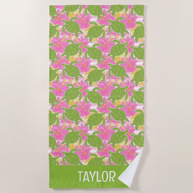 Cute Palm Beach Pink Flowers and Turtles Beach Towel (Front)