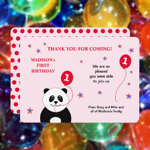 Cute panda 1st birthday party pink thank you card