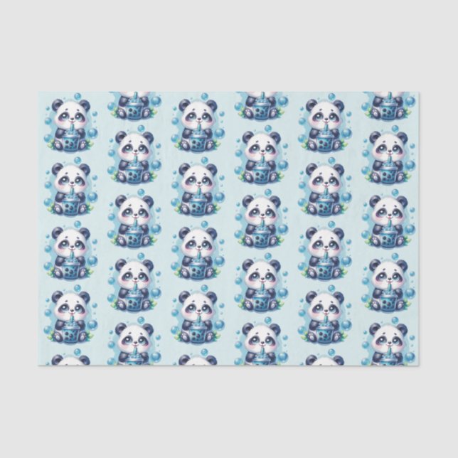 Cute Panda and Blue Boba Bubble Tea Tissue Paper (Front)