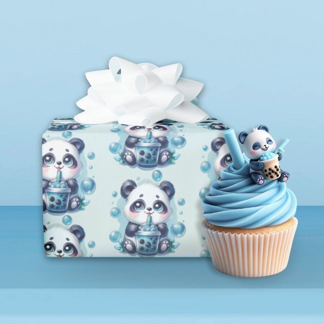 Cute Panda and Blue Boba Bubble Tea Wrapping Paper (Creator Uploaded)