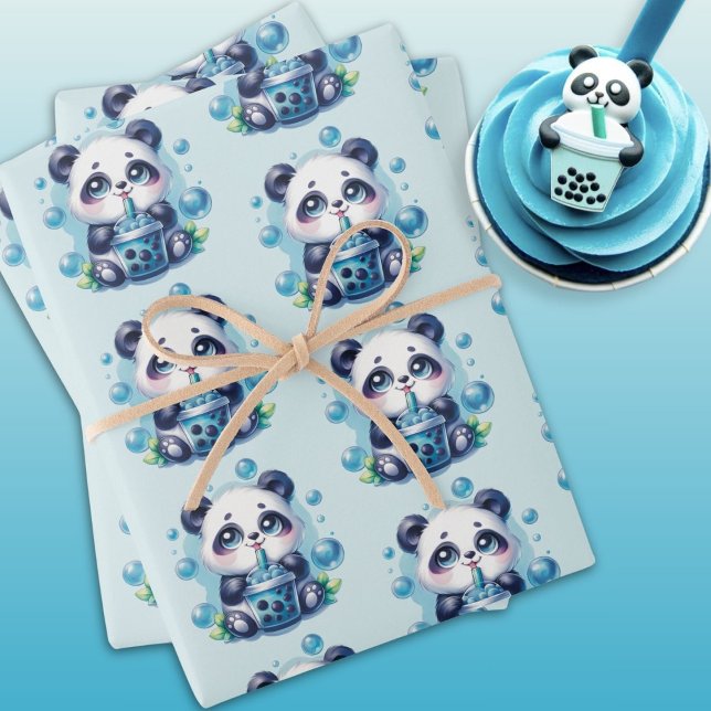 Cute Panda and Blue Boba Bubble Tea Wrapping Paper Sheet (Creator Uploaded)